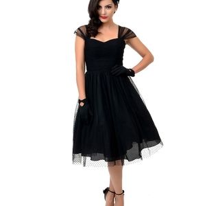 Unique Vintage Black Swiss Dot Black Dress